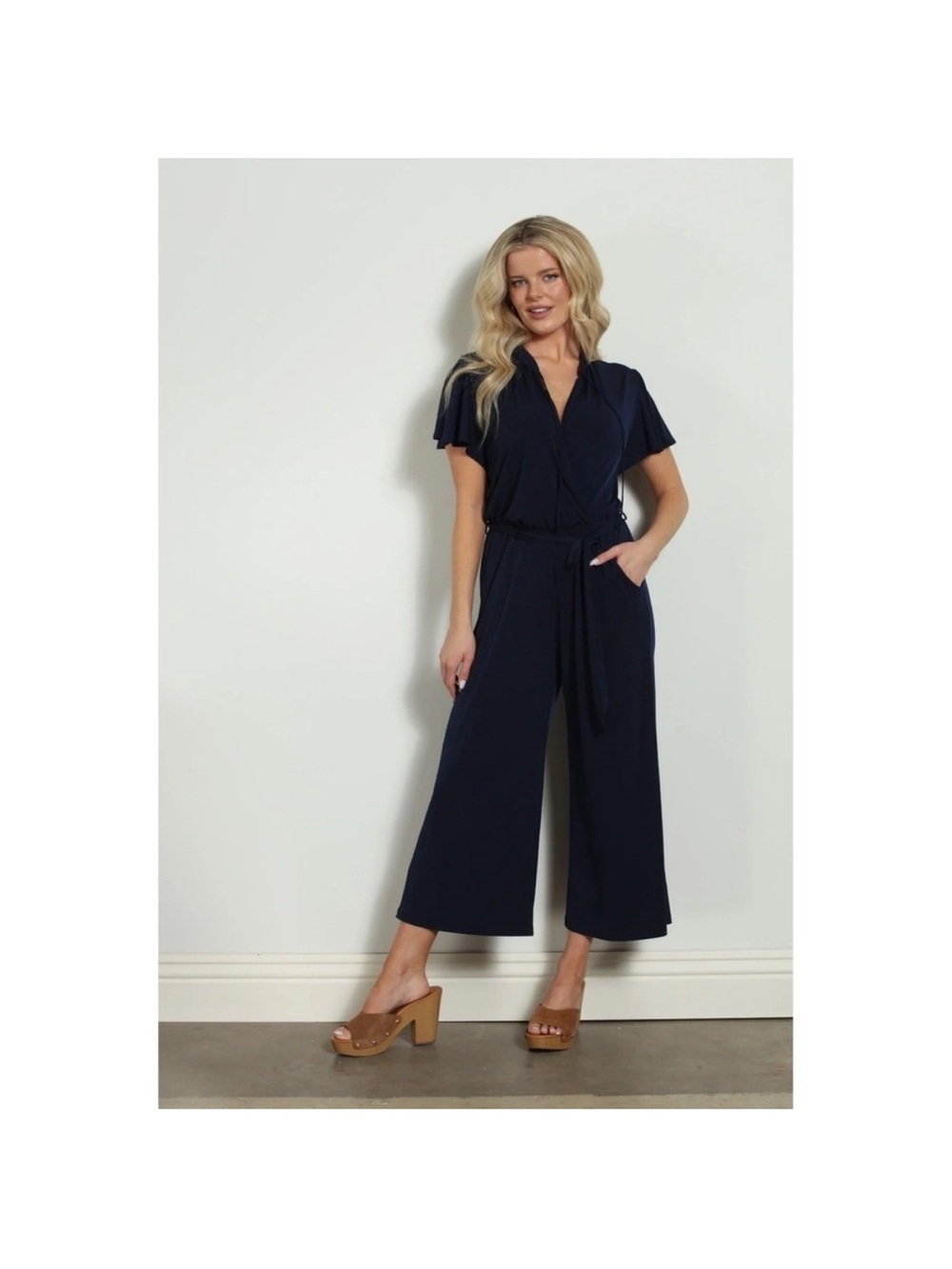 Veronica M Navy Short-Sleeve Wide-Leg Jumpsuit with Tie Waist